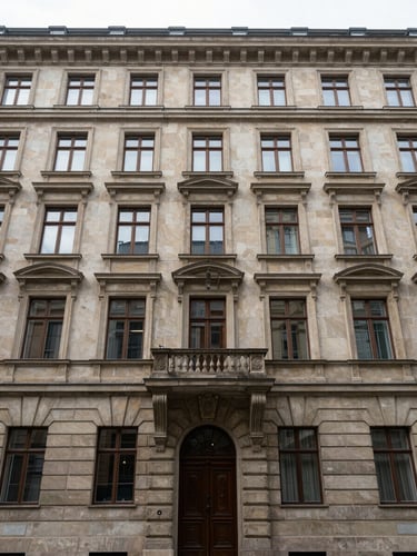 Wide vertical shot of a Berlin Gründerzeit apartment building facade, symmetrical window grid, neutral overcast daylight, no people, clinical framing from street level looking slightly upward, stone masonry detail sharp in foreground