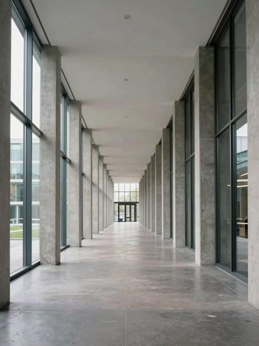 Wide interior corridor of a modernist Berlin office building, shot straight-on from the hallway — architectural concrete columns, large glazed windows casting neutral daylight across a polished floor, no people, clinical and precise framing
