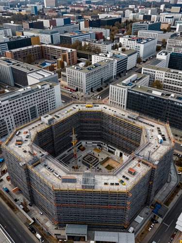 Wide aerial view looking straight down over a dense urban development site in Berlin, construction scaffolding and geometric building footprints visible below, neutral overcast daylight, no human figures, technical overhead framing with sharp edges