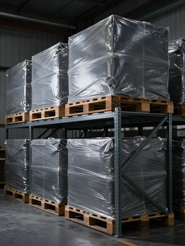 Industrial warehouse logistics, clean high-bay shelving with palletized shipments ready for international transit, cool-toned lighting.
