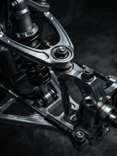 Industrial product photography, close-up macro shot of machined multi-link suspension assembly, sharp metallic highlights, deep gray tones, low-key studio lighting.