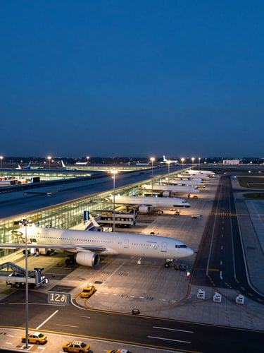 Elevated panoramic view of a major international airport terminal at blue hour, taxiways and apron infrastructure stretching to the right, deep indigo sky above, warm terminal lighting visible through glass facades, no people