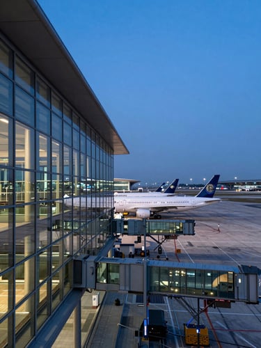 Wide elevated view of a modern international airport terminal at blue hour, structural glass facade and airside tarmac extending to the right, aircraft silhouette parked at gate, cool steel-blue tones with warm terminal lighting visible through the glass