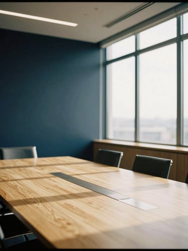 Architectural shot of a modern, light-filled corporate boardroom with clean lines, warm natural light casting soft directional shadows on a long oak table, editorial style, 35mm film look.