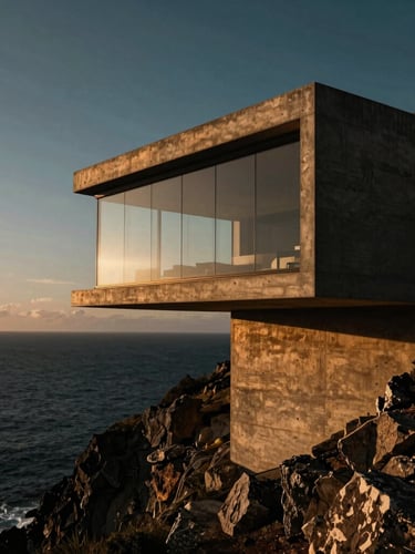 Extreme wide angle of a brutalist concrete and glass villa perched on a cliffside at golden hour, dramatic shadows, deep ocean below, architectural photography