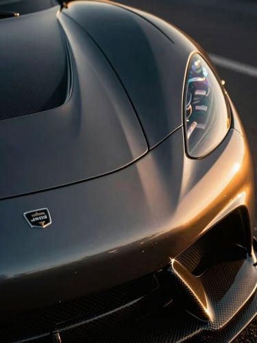 Extreme close-up of a vintage sports car fender, polished dark metallic paint reflecting golden hour light, carbon fiber details, high contrast, 35mm