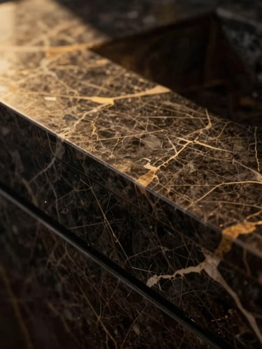 Extreme close-up of premium dark marble veining with golden-hour light skimming the polished surface, high contrast, 35mm photography