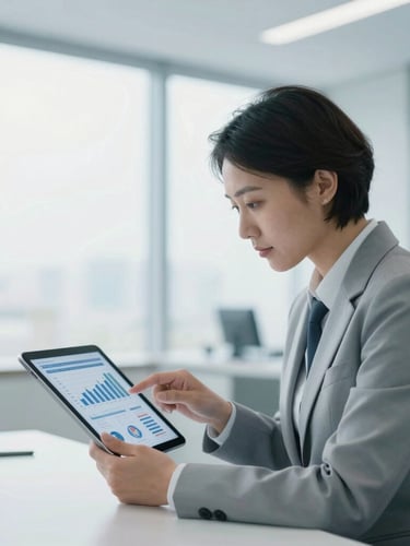 A professional wealth advisor in a bright, modern office analyzing clean financial data charts on a tablet, soft diffused daylight, cool blue tones, 50mm