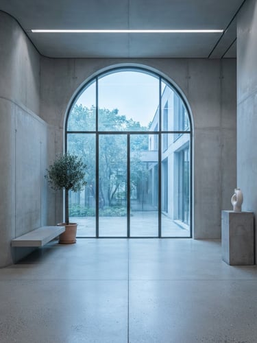 A minimalist architectural interior with clean concrete lines and soft morning light streaming through a tall arch window, cool blue tones, 50mm