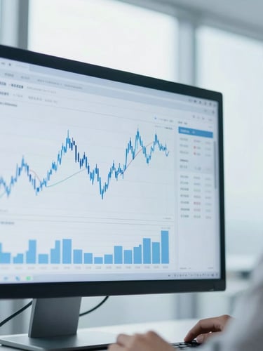 A focused professional looking at clean financial charts on a screen, soft diffused daylight, cool blue tones