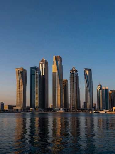 Dramatic wide-angle twilight shot of Dubai Marina skyline, deep blue sky reflecting off water, architectural geometry of high-rises, golden hour illumination