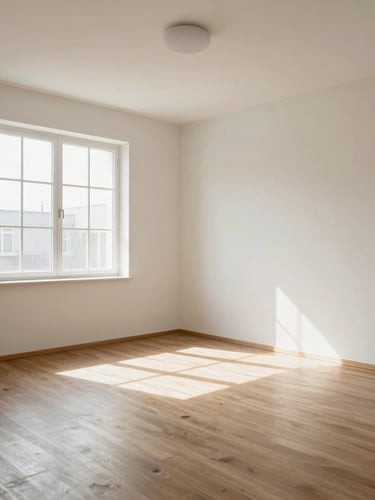 Wide angle shot of a clean, bright, fully restored residential room after professional deep cleaning, soft sunlight flooding from a window.