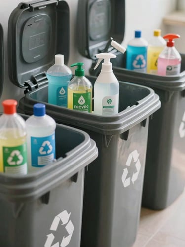 Close-up of organized recycling bins and professional eco-friendly cleaning supplies on a clean surface, daytime lighting.