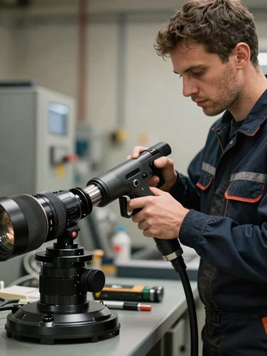 Un technicien professionnel en tenue de travail ajustant un équipement de nettoyage haute pression, cadrage moyen, style industriel propre