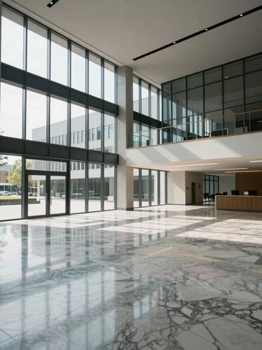 Vue grand angle d'un hall d'immeuble d'entreprise moderne, sol en marbre poli miroir, grandes baies vitrées laissant entrer une lumière naturelle vive, atmosphère de propreté absolue.