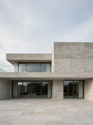 Straight-on architectural elevation of a modern concrete and limestone villa in Portugal, clean geometric lines, soft overcast daylight, generous negative space.