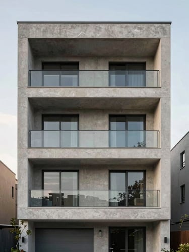 Straight-on architectural elevation of a modern concrete and Portuguese limestone residential facade, soft morning overcast light, clean lines.