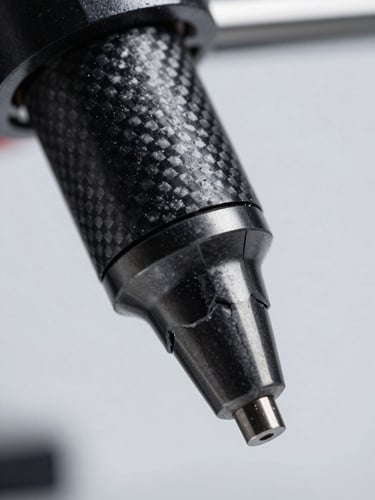 Macro photograph of a high-performance 3D printer nozzle extruding black carbon fiber filament, showing precise layer resolution and distinct structural texture under clean, directional studio lighting.