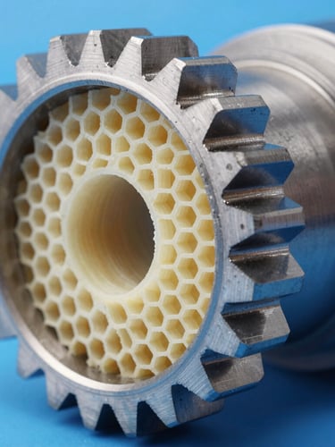 Macro photography of a high-strength structural gear, showing internal honeycomb infill structure, clean blue and white studio lighting, sharp focus on layer resolution