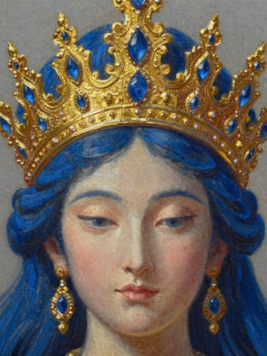 Close-up of a detailed oil painting showing the intricate golden patterns and deep blue textures of a majestic goddess's crown, rich canvas grain, soft side lighting
