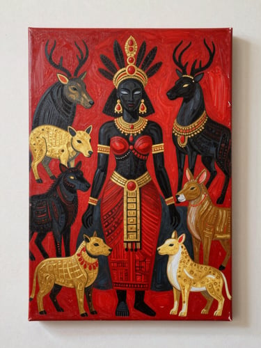 A straight-on high-resolution fine art photograph of a vibrant painting by Magule Wango. The artwork features a powerful African goddess surrounded by sacred animals, painted with rich, highly saturated red, gold, and charcoal pigments. Detailed canvas texture and visible brushstrokes are illuminated by soft, natural gallery lighting from the side.