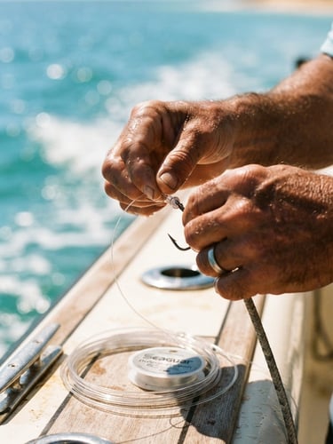 Close-up of weathered hands rigging a fishing line on a private center-console boat, sun-drenched, shallow depth of field, 35mm, warm editorial photography.
