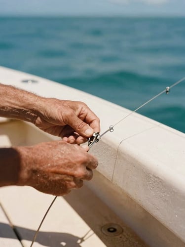 Close-up of weathered hands rigging a fishing line on a wooden boat deck, bright Florida sun casting sharp shadows, 35mm warm editorial style.