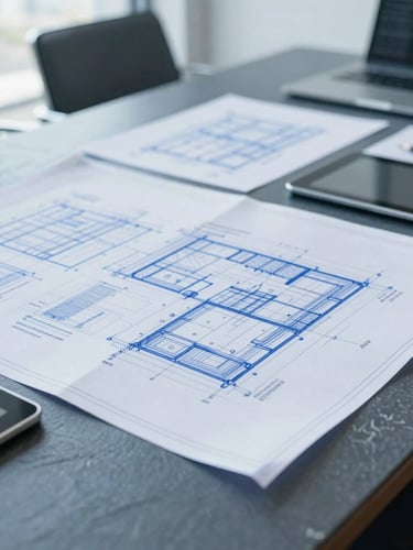 Close-up of structured blueprints and digital tablets on a solid slate table inside a bright, modern boardroom, cool natural light.