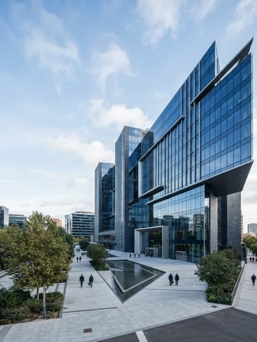 Wide architectural shot of a modern corporate headquarters in Madrid, cool natural daylight, sharp focus, clean lines, slate tones, negative space on the left