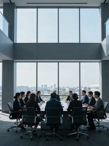Crisp corporate office setting with structured architectural lines, professionals in a formal meeting room with natural daylight filtering through large windows, cool blue tones