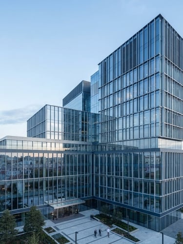 Wide architectural crop of a modern corporate headquarters in Madrid, clean lines, steel and glass facade, cool morning daylight, slate blue tones.