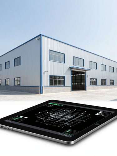 Wide-angle technical shot of a modern warehouse, bright high-key daylight, clean technical tones, industrial tablet displaying CAD layout wireframe in the foreground