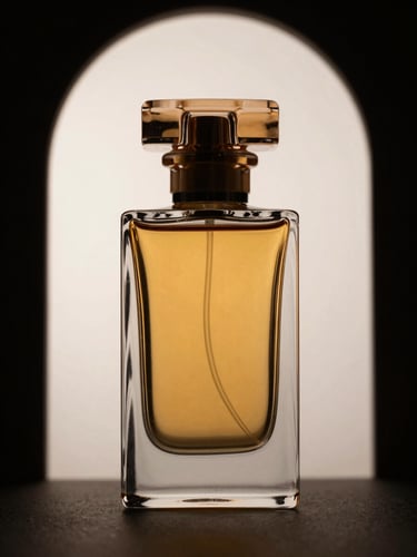 Dramatic side-lighting on a sculptural glass perfume bottle, rich amber tones, sharp glass reflections, clean arch framing, 35mm