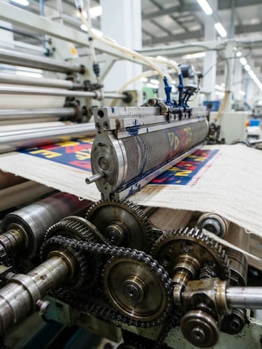 Close-up of a high-speed rotary textile printing machine processing raw cotton fabric, bright clean industrial light, sharp focus on mechanical gears and ink application