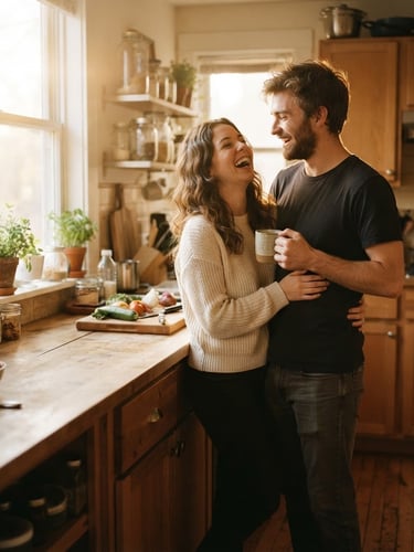 Candid medium shot of a young couple laughing together in a sun-drenched kitchen, golden hour light filtering through a window, warm tones, shallow depth of field, 35mm photography