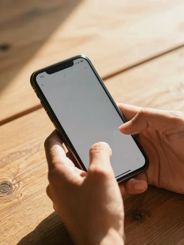 Candid close-up of hands holding a smartphone displaying a clean mobile interface, warm golden hour sunlight casting soft shadows across a rustic wooden table, 35mm cinematic style