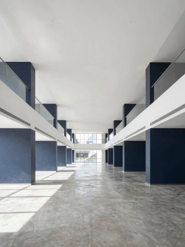 Symmetrical, bright architectural shot of a newly renovated commercial office interior with clean lines, polished concrete floors, and natural light.