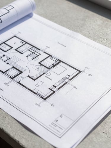 Close-up of architectural blueprints resting on a clean concrete countertop, natural side daylight, sharp focus on structural lines, 35mm lens