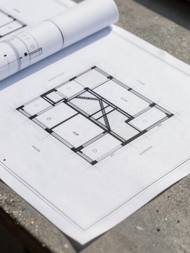 Close up of clean architectural blueprints laid out on a dark concrete work table, crisp natural side light, sharp focus on structural lines