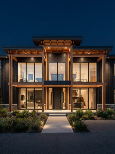 Straight-on architectural photograph of a modern residential structure with clean timber framing, crisp natural daylight, sharp focus, navy sky background