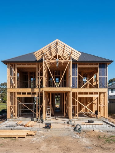 Symmetrical architectural shot of a modern home under construction, clean timber framing against a bright blue sky, crisp natural daylight