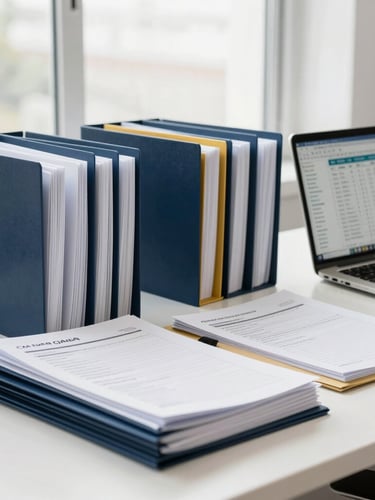 A modern workspace with organized tax compliance folders and a laptop displaying analytics, bright natural lighting, 35mm professional photography.