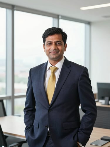 Professional environmental portrait of lead consultant Mukesh Kumar in a bright modern office, natural window light, structured composition, 35mm editorial style.