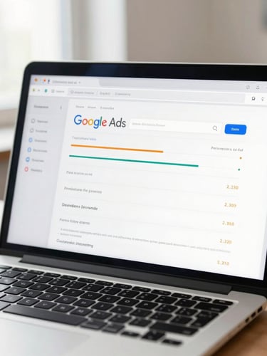 Close-up of a modern laptop screen showing Google Ads performance metrics, clean desk layout, soft natural side lighting, professional corporate style
