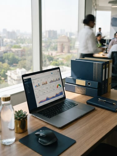 A close-up of a modern corporate desk in New Delhi with a laptop showing a marketing dashboard, structured tax compliance folders nearby, bright natural window light, 35mm.