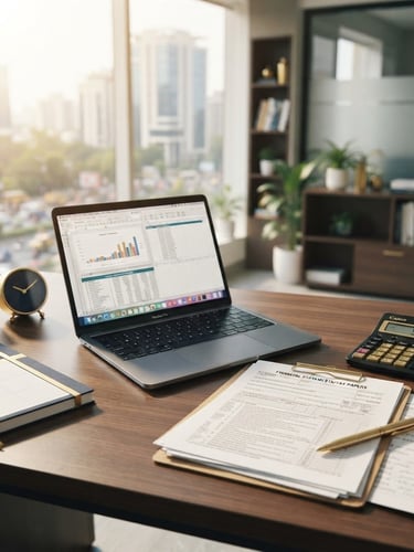 A clean professional corporate workspace in New Delhi, sunlight streaming over a modern laptop, organized tax documents, and a calculator, deep navy and gold accents, 35mm editorial photography.