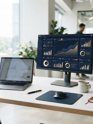Modern corporate digital dashboard showing financial analytics and growth charts next to a sleek laptop on a clean white desk, bright natural window light, 35mm editorial style.
