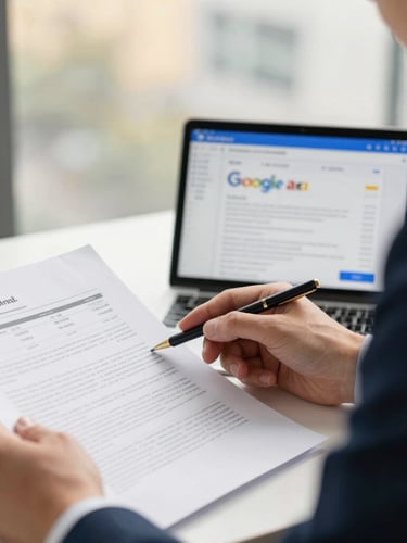 Close-up of a business strategist reviewing tax documents alongside a tablet displaying a Google Ads campaign, warm natural window light, 35mm