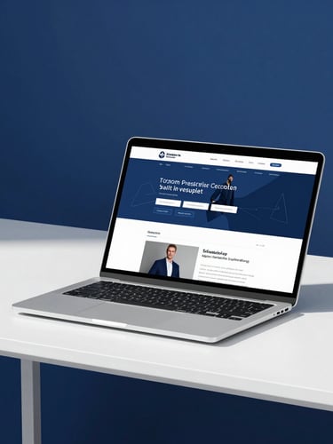 Clean minimalist workspace with a modern laptop displaying a sleek website layout, bright natural daylight, deep blue and white tones, professional studio photography