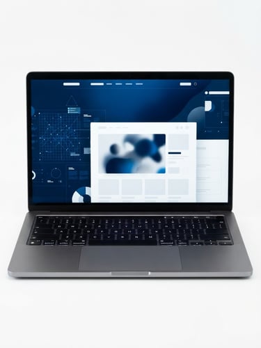 Straight-on studio mockup of a modern professional website on a sleek dark laptop, clean white background, deep blue accents, sharp focus